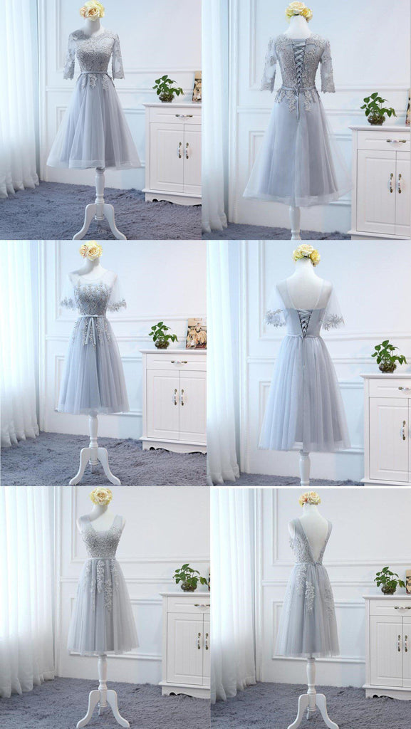 Mismatched Gray Lace Short Bridesmaid Dresses, Cheap Custom Short Bridesmaid Dresses, Affordable Bridesmaid Gowns, BD026