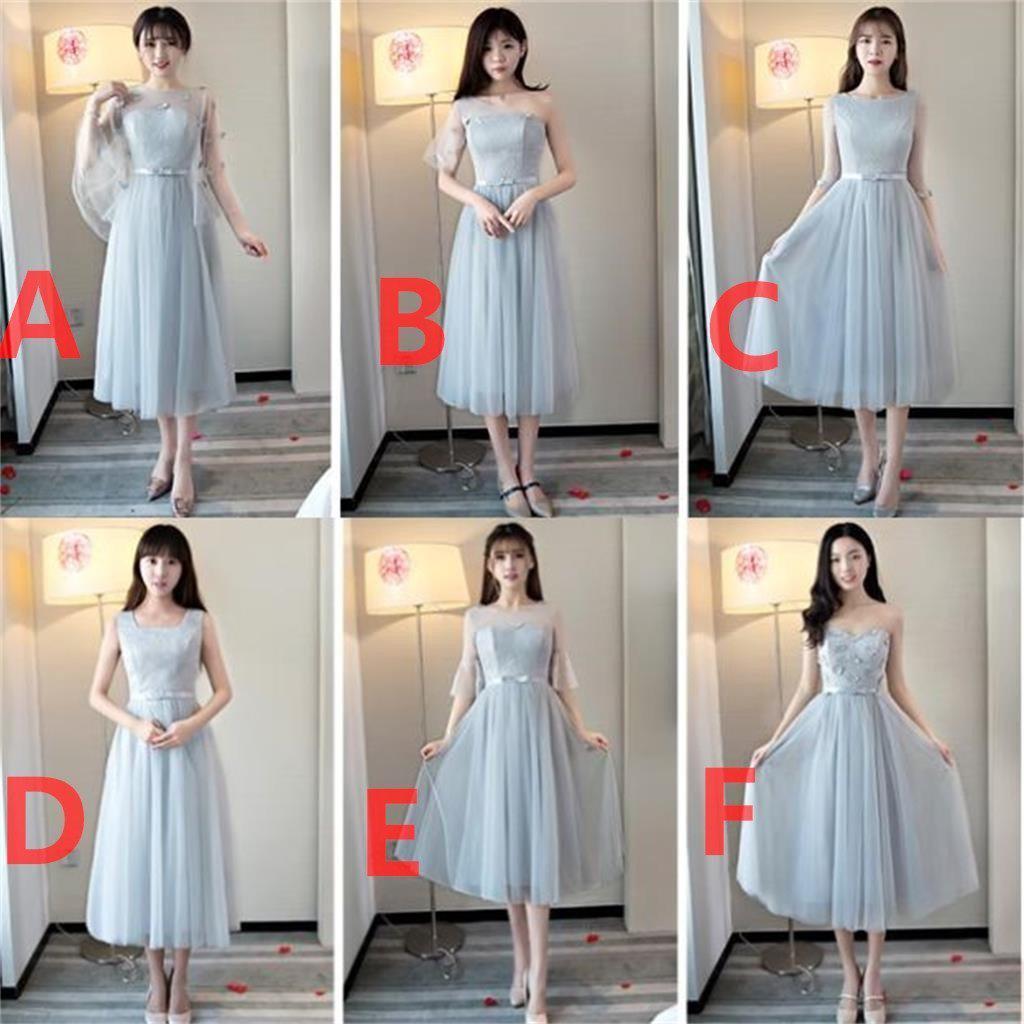 Mismatched Gray Tea Length Lace Bridesmaid Dresses, Cheap Custom Short Bridesmaid Dresses, Affordable Bridesmaid Gowns, BD025