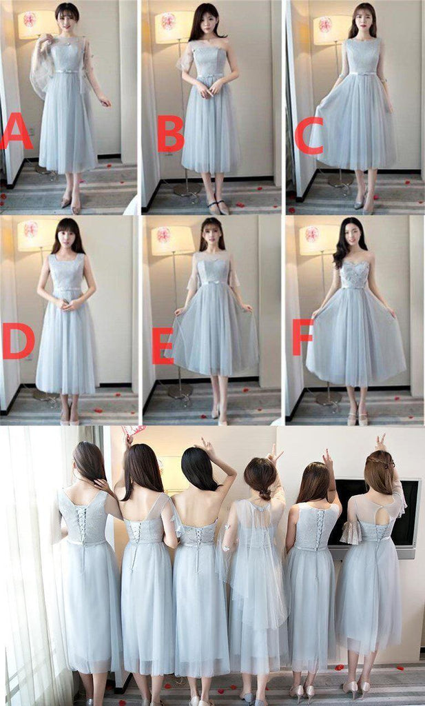 Mismatched Gray Tea Length Lace Bridesmaid Dresses, Cheap Custom Short Bridesmaid Dresses, Affordable Bridesmaid Gowns, BD025