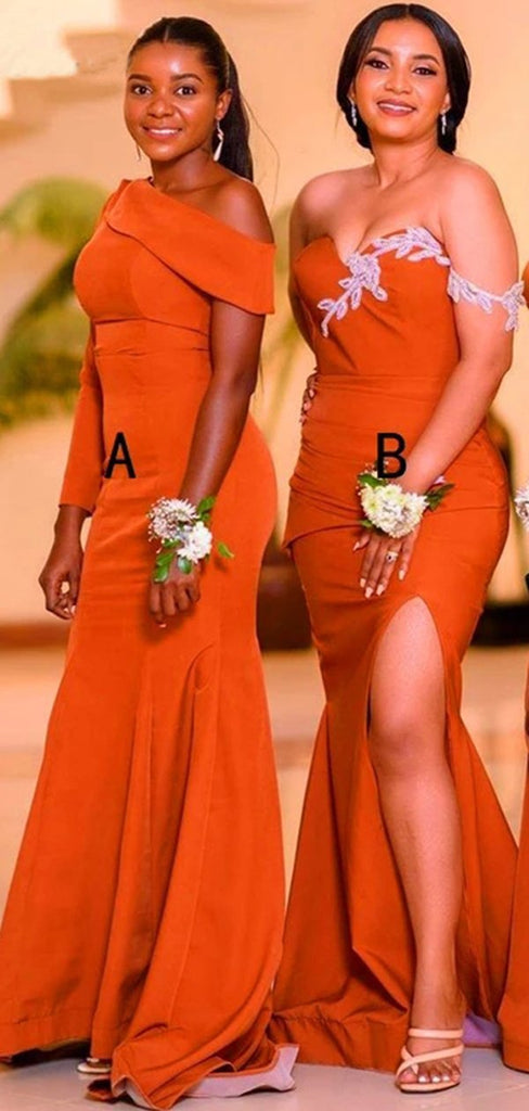 Mismatched Mermaid Orange High Slit Long Cheap Bridesmaid Dresses Gown Online,WG948
