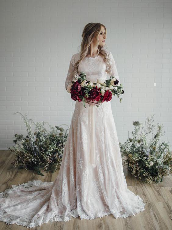 Modest Long Sleeves Lace A-line Wedding Dresses Online, Cheap Beach Bridal Dresses, WD479