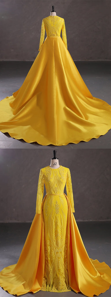 Modest Yellow Mermaid Long Sleeves Jewel Prom Dresses Online,12866