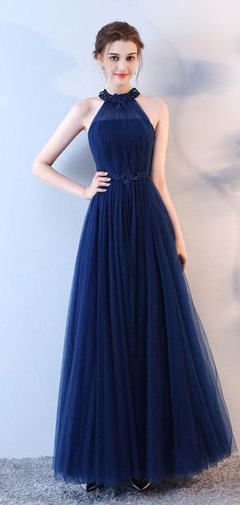 Navy Blue A-line Halter Maxi Long Prom Dresses,Evening Dresses,12952