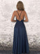 Navy Blue A-line Spaghetti Straps High Slit Long Prom Dresses Online,12421