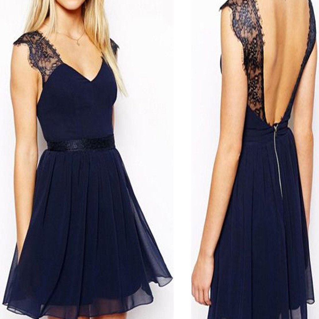 Navy blue cap sleeve chiffon open back simple casual cheap homecoming prom dress,BD00135