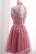 Newest Pink Illusion Lace Short Homecoming Dresses,Cheap Short Prom Dresses, CM877