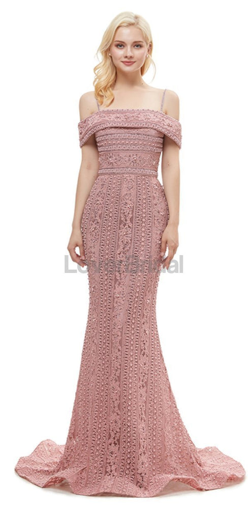 Off Shoulder Dusty Pink Lace Mermaid Evening Prom Dresses, Evening Party Prom Dresses, 12049
