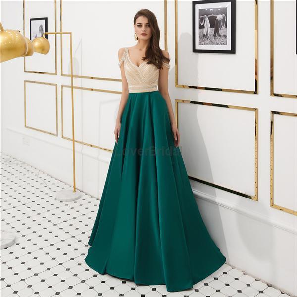 Off Shoulder Emerald Green Beaded Evening Prom Dresses, Evening Party Prom Dresses, 12079