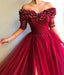 Off Shoulder Hand Made Flower Long Evening Prom Dresses With Pockets, Cheap Custom Party Prom Dresses, 18608