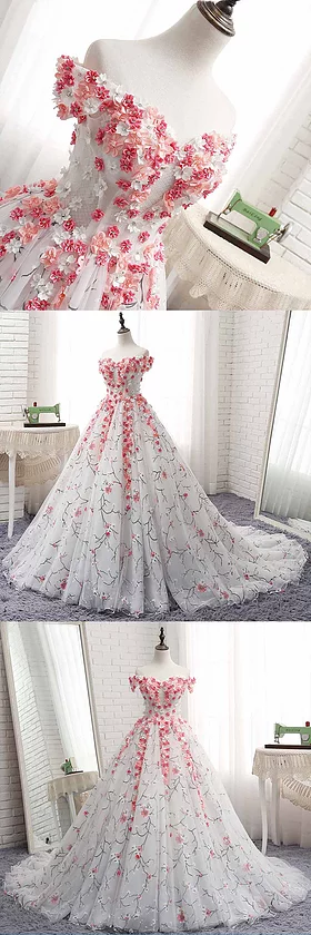Off Shoulder Lace Applique A-line Evening Prom Dresses, Cheap Custom Sweet 16 Dresses, 18535