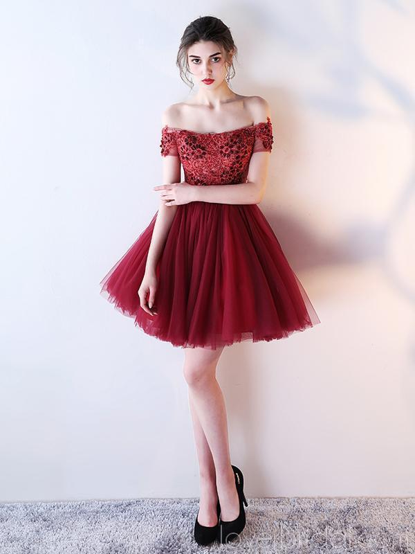 Off Shoulder Lace Beaded See Through Red Homecoming Dresses Online, Cheap Short Prom Dresses, CM790