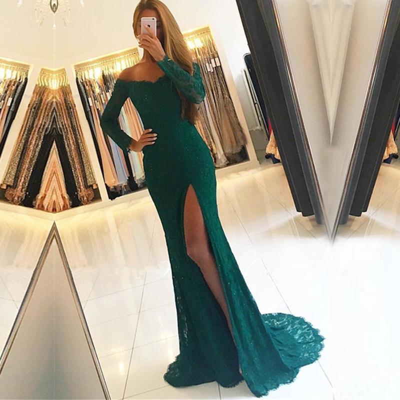 Off Shoulder Long Sleeve Green Lace Evening Prom Dresses, Popular Green Party Prom Dresses, Custom Long Prom Dresses, Cheap Formal Prom Dresses, 17195