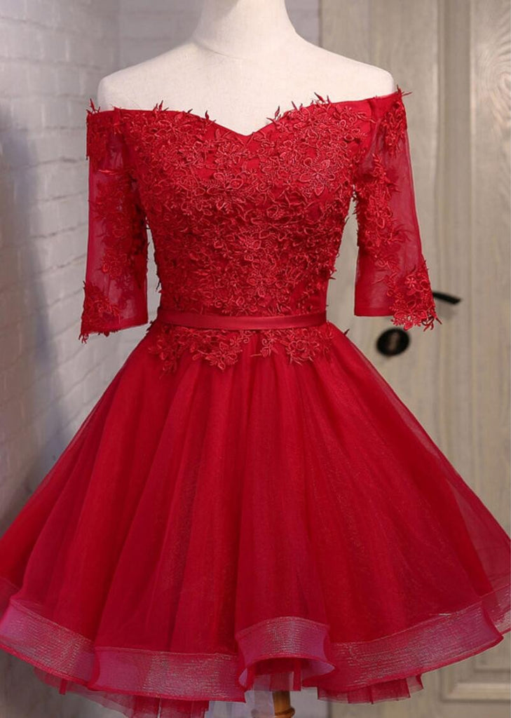 Off Shoulder Short Sleeve Red Lace Cute Homecoming Prom Dresses, Affordable Short Party Prom Dresses, Perfect Homecoming Dresses, CM307