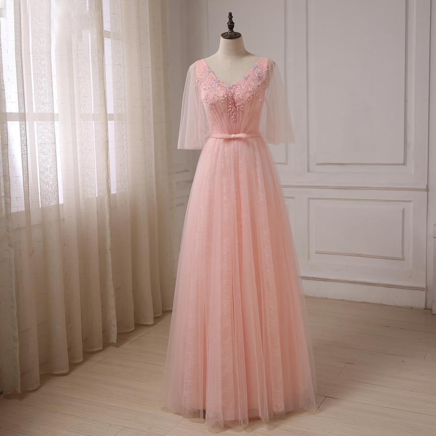 Peach Tulle Beaded Short Sleeve Long Evening Prom Dresses, Popular Cheap Long Party Prom Dresses, 17245