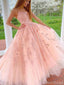 Peach Lace A-line Spaghetti Straps Cheap Long Prom Dresses Online,12617