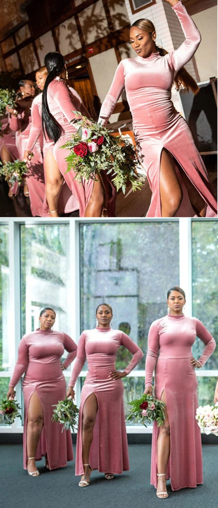 Pink Mermaid Long Sleeves Side Slit Cheap Bridesmaid Dresses,WG1343