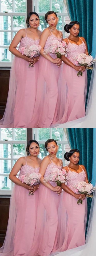 Pink Mermaid Spaghetti Straps Cheap Long Bridesmaid Dresses,WG1401