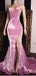 Pink Mermaid Sweetheart V-neck High Slit Cheap Long Prom Dresses,12821