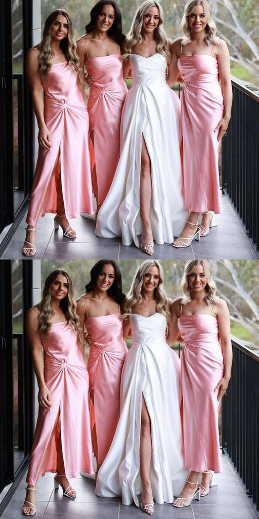 Pink Sheath Spaghetti Straps High Slit Cheap Bridesmaid Dresses,WG1358