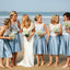Popular Junior Pretty Blue Satin White Lace Short Bridesmaid Dresses for Summer Beach Wedding Party, WG181