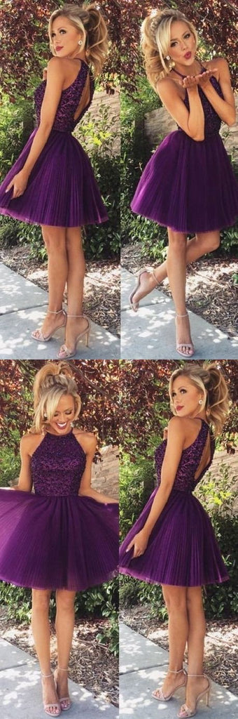 Purple Sexy Open back Halter Beaded homecoming prom dresses, CM0022