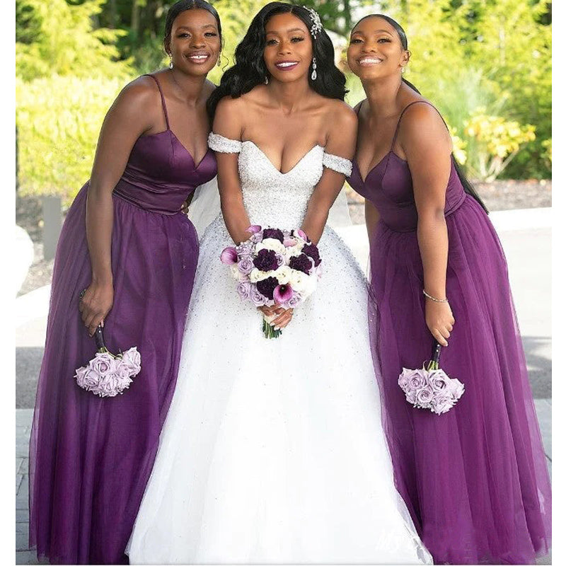 Purple Spaghetti Straps V-neck A-line Cheap Long Bridesmaid Dresses Online,WG1462