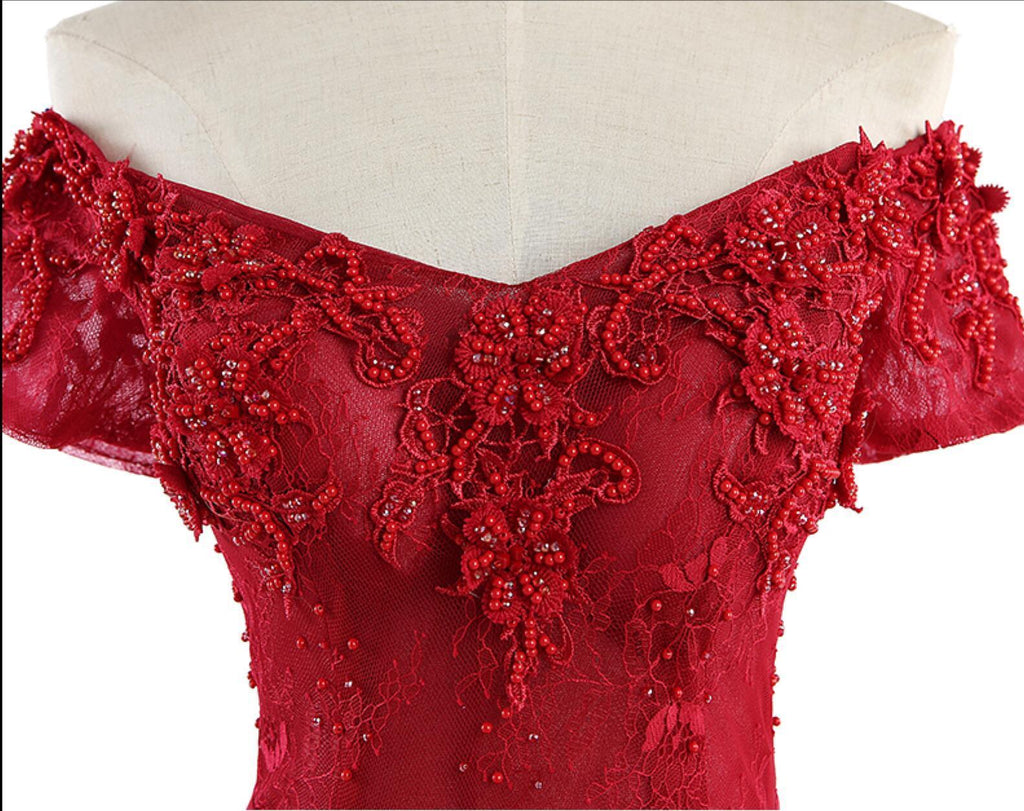 Red Lace  Sexy Off Shoulder Long Evening Prom Dresses, Popular Party Prom Dresses, Custom Long Prom Dresses, Cheap Formal Prom Dresses, 17218