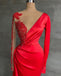 Red Mermaid Long Sleeves V-neck Cheap Long Prom Dresses,12679