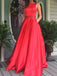 Red Open Back Bateau A-line Long Evening Prom Dresses, 17680
