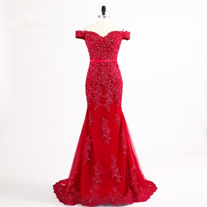 Red Sexy Mermaid Off Shoulder Lace Beaded Evening Prom Dresses, Popular Beaded Party Prom Dress, Custom Long Prom Dresses, Cheap Formal Prom Dresses, 17154