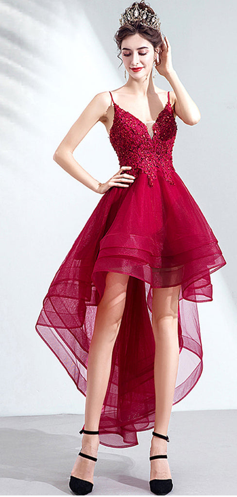 Red Spaghetti Straps High Low Homecoming Dresses,Cheap Short Prom Dresses,CM884
