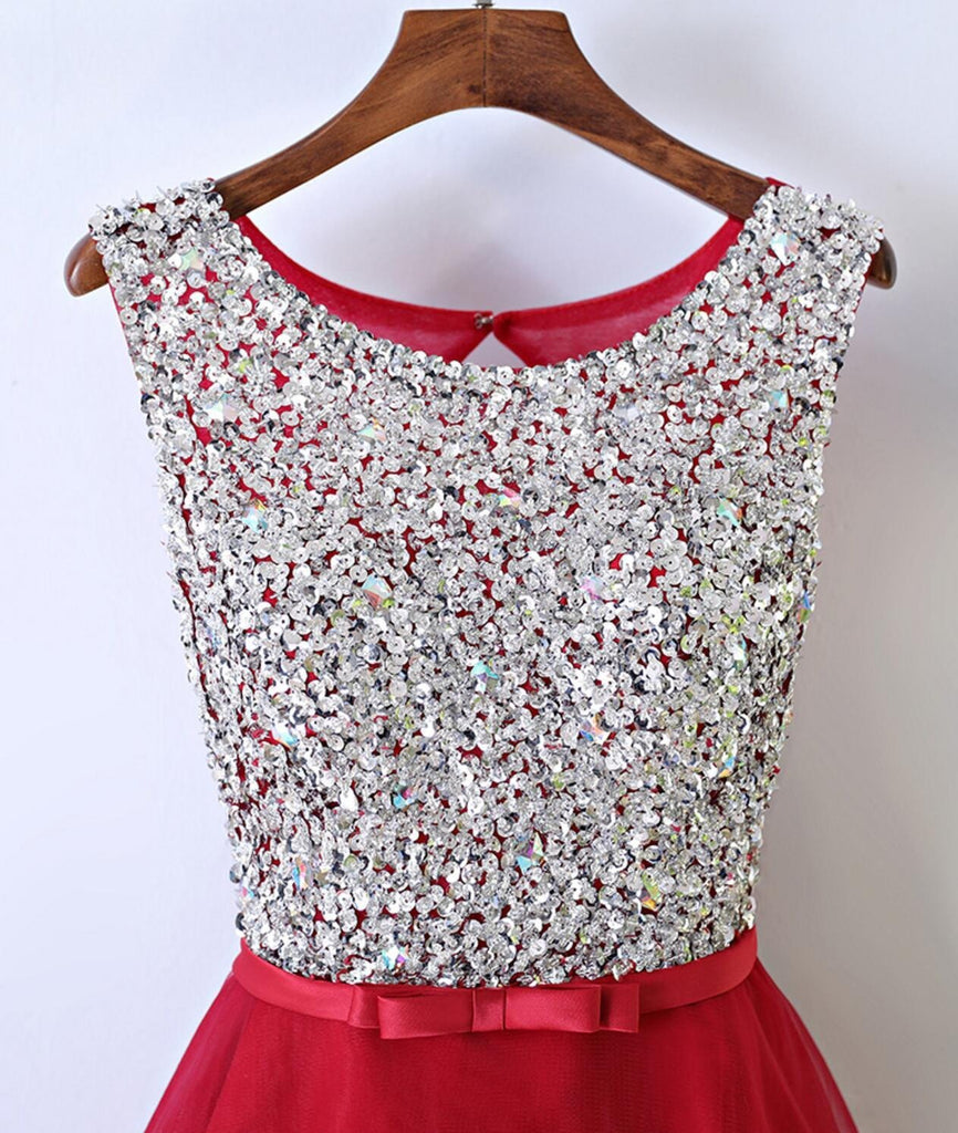 Rhinestone Sequin High Low Open Back Red Homecoming Prom Dresses, Affordable Corset Back Short Party Prom Dresses, Perfect Homecoming Dresses, CM241