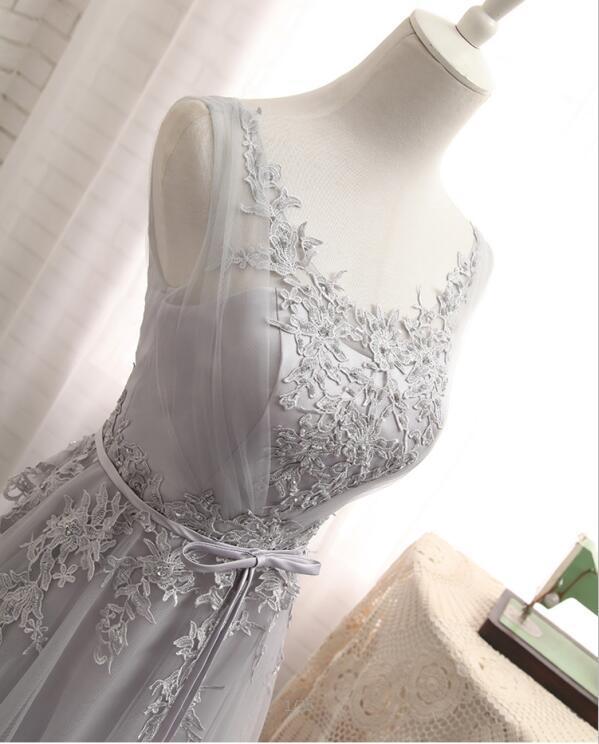 Scoop Neckline Gray Lace Evening Prom Dresses, Popular Lace Party Prom Dresses, Custom Long Prom Dresses, Cheap Formal Prom Dresses, 17183