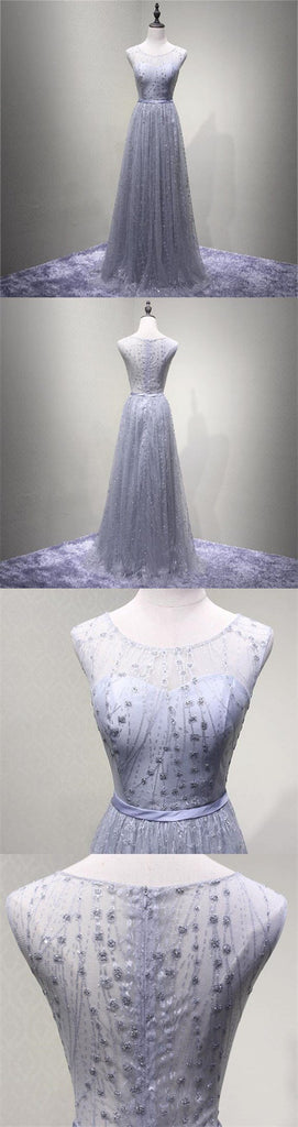 See Through Gray Lace Beaded Scoop Neckline Evening Prom Dresses, Popular Lace Party Prom Dresses, Custom Long Prom Dresses, Cheap Formal Prom Dresses, 17187