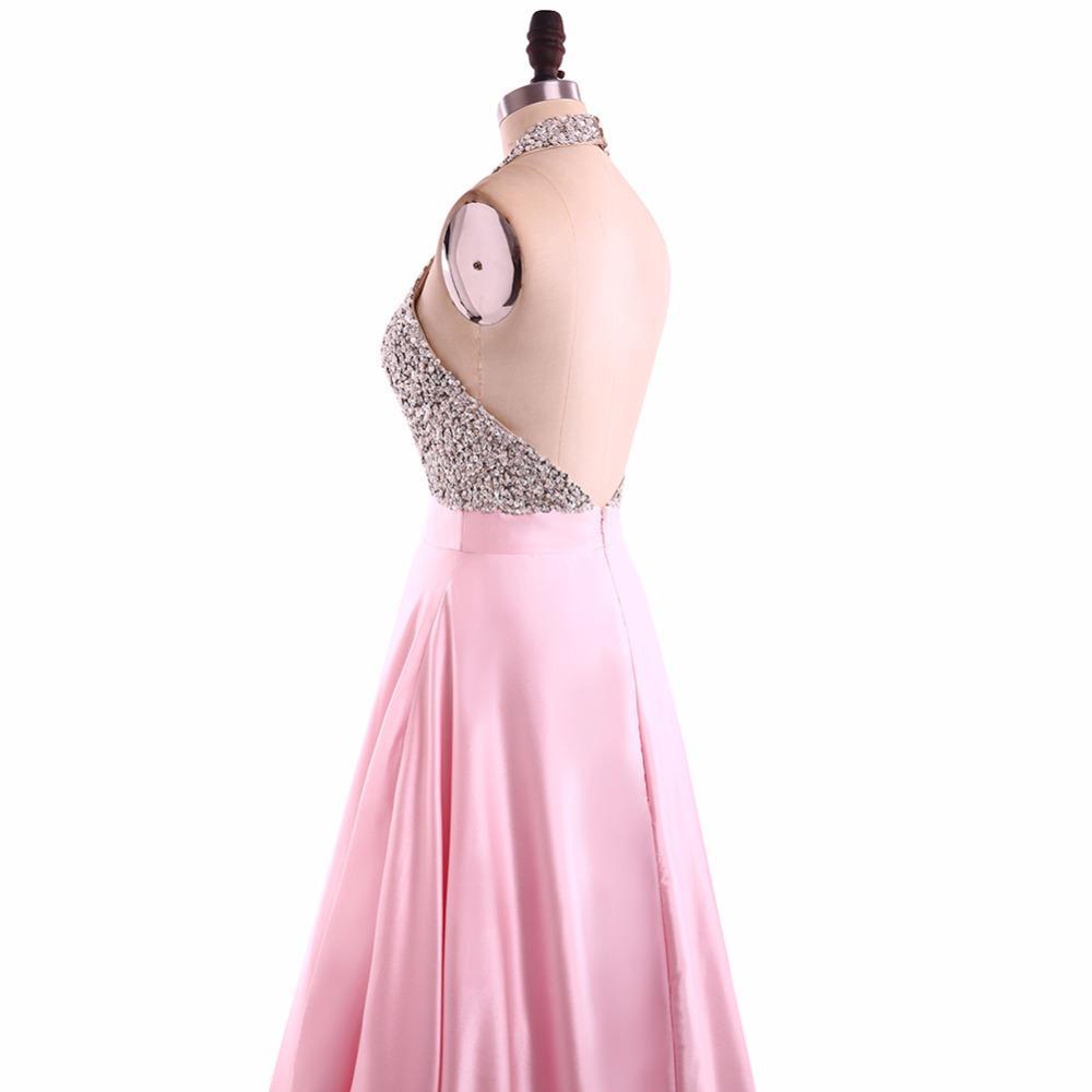Sexy Backless Halter Heavily Beaded Pink Long Evening Prom Dresses, Popular Cheap Long Party Prom Dresses, 17236