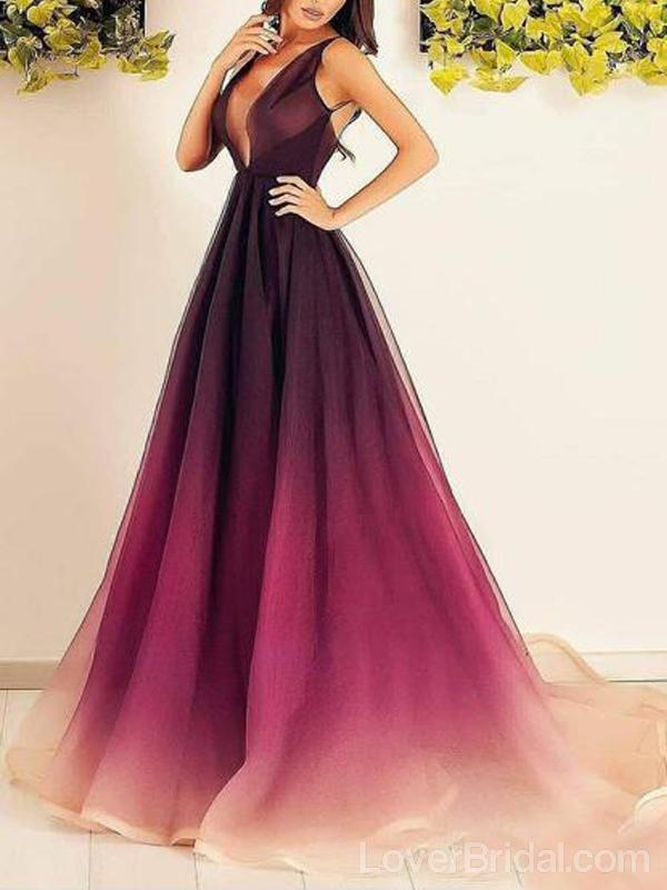 Sexy Backless Ombre Tulle A-line Long Evening Prom Dresses, Cheap Custom Sweet 16 Dresses, 18564