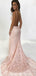 Sexy Backless Pink Lace Mermaid Long Evening Prom Dresses, Cheap Custom Sweet 16 Dresses, 18545