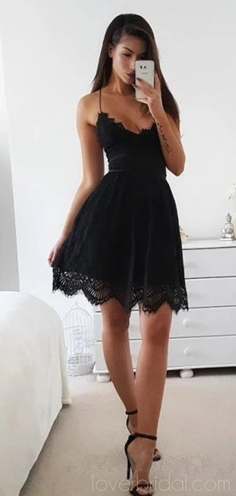 Sexy Backless Spaghetti Straps Black Lace Homecoming Dresses Online, Cheap Short Prom Dresses, CM741