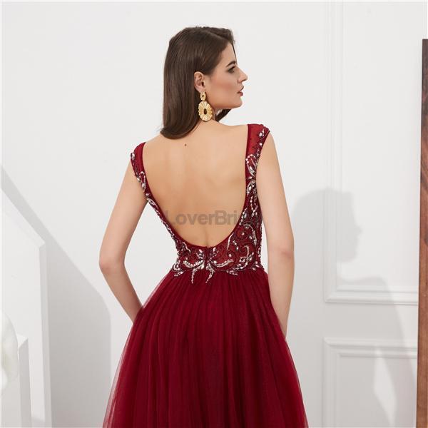 Sexy Backless V Neck Grey Beaded Evening Prom Dresses, Evening Party Prom Dresses, 12077