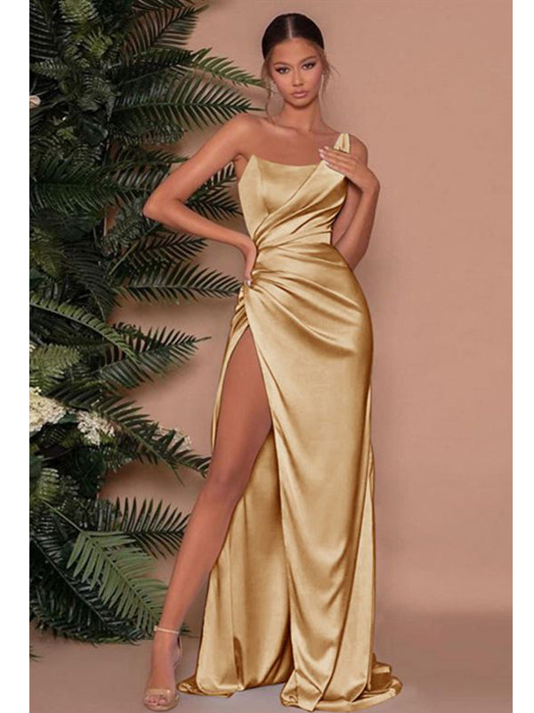 Sexy Champagne Sheath One Shoulder High Slit Cheap Long Prom Dresses,12828
