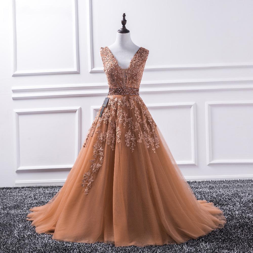 Sexy Deep V Neckline Brown A line Lace Long Evening Prom Dresses, Popular Cheap Long Party Prom Dresses, 17237