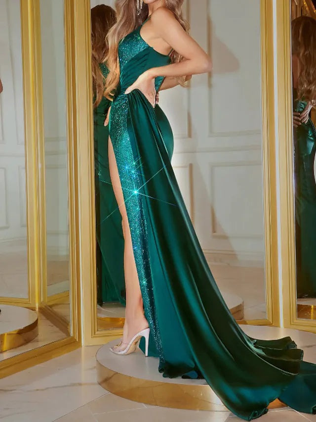 Sexy Green Sheath Spaghetti Straps High Slit Long Prom Dresses,12839
