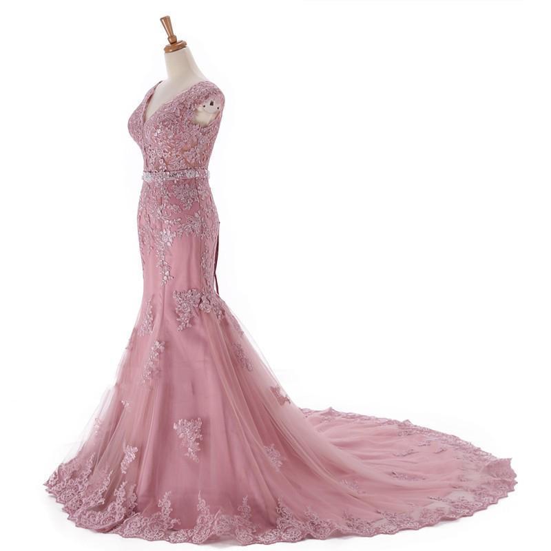 Sexy Lace Mermaid V Neckline Dusty Pink Long Evening Prom Dresses, Popular Cheap Long 2022 Party Prom Dresses, 17226