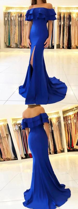 Sexy Mermaid Royal Blue Off Shoulder High Slit Long Prom Dresses Online,12413