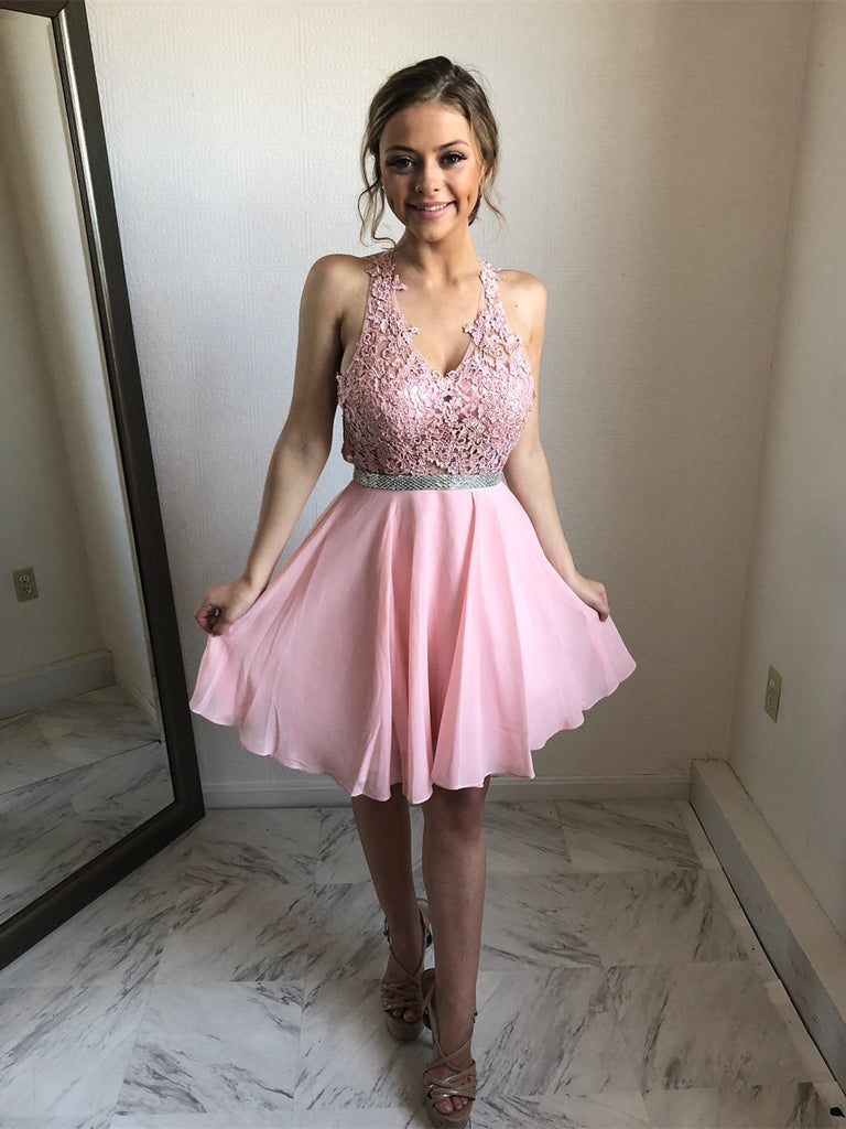Sexy Open Back Halter Lace Pink Short Homecoming Dresses Online, CM637