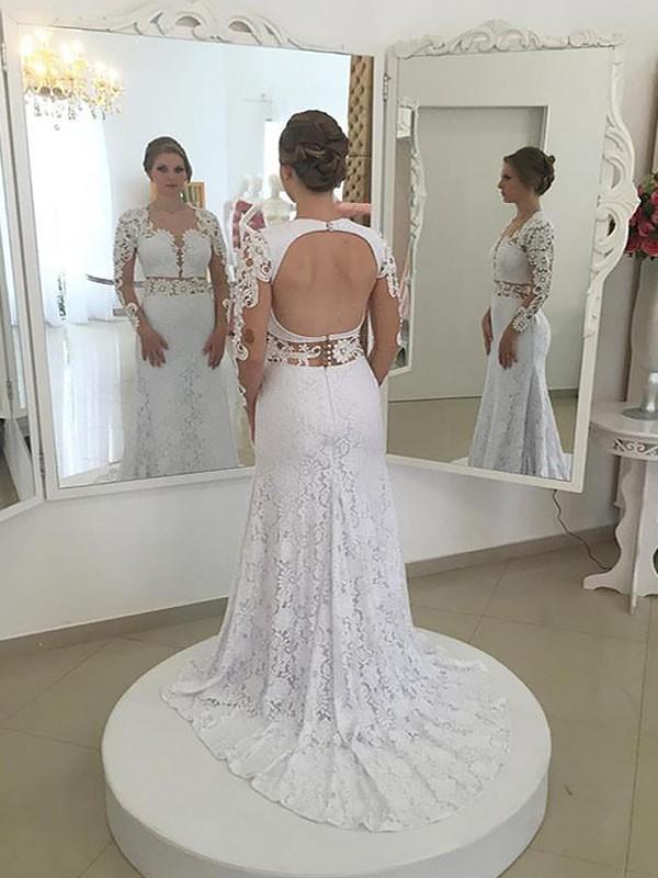 Sexy Open Back Long Sleeves Lace Mermaid Wedding Dresses Online, WD419