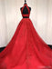 Sexy Open Back Two Pieces Halter A line Red Lace Long Custom Evening Prom Dresses, 17393