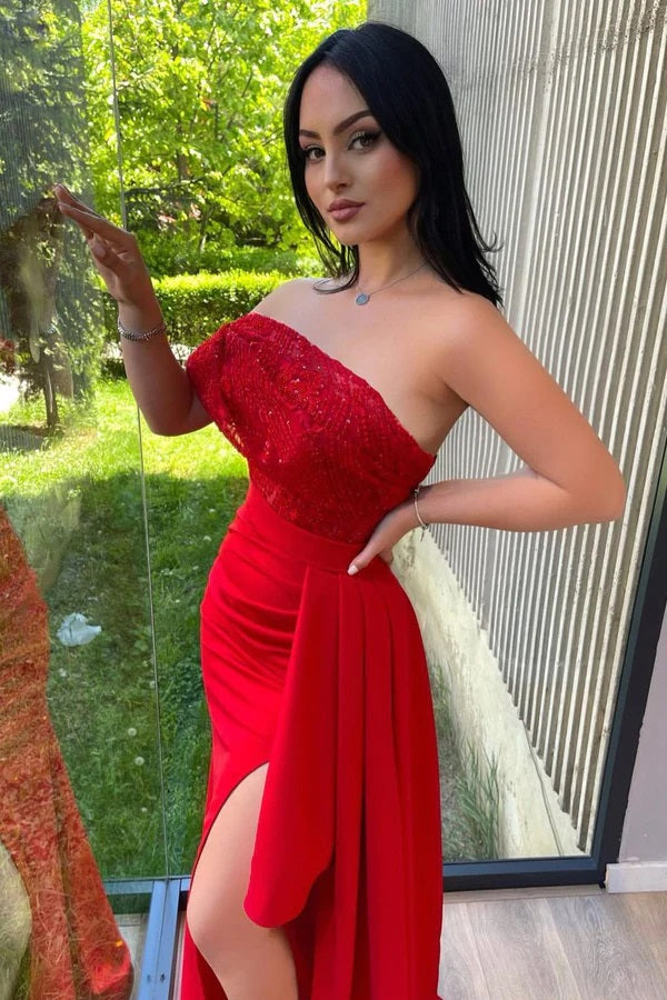 Sexy Red Mermaid One Shoulder High Slit Long Prom Dresses,Evening Dreses,12903