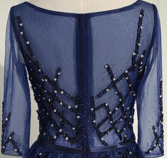 Sexy See Through Long Sleeve Navy Lace Beaded Long Evening Prom Dresses, Popular Cheap Long 2022 Party Prom Dresses, 17231