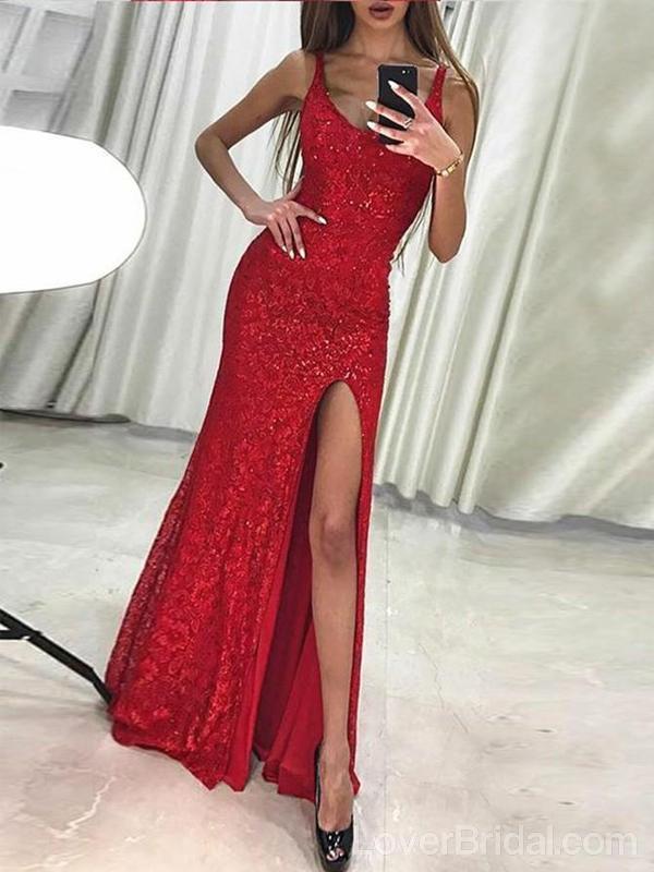 Sexy Sparkly Red Mermaid Side Slit Long Evening Prom Dresses, Cheap Custom Sweet 16 Dresses, 18548